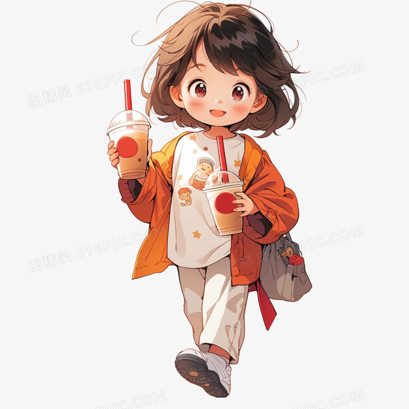 插画吸管饮料可爱人物喝饮料免抠元素