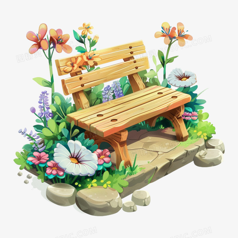卡通手绘春日长椅小场景元素