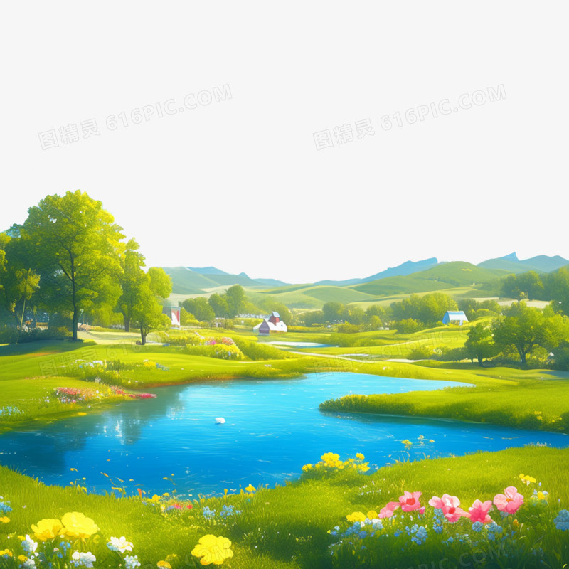 3D卡通春天的湖水免抠元素