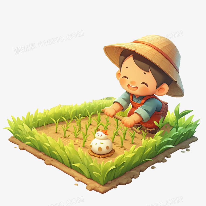 3D卡通小男孩在地里插秧免抠元素