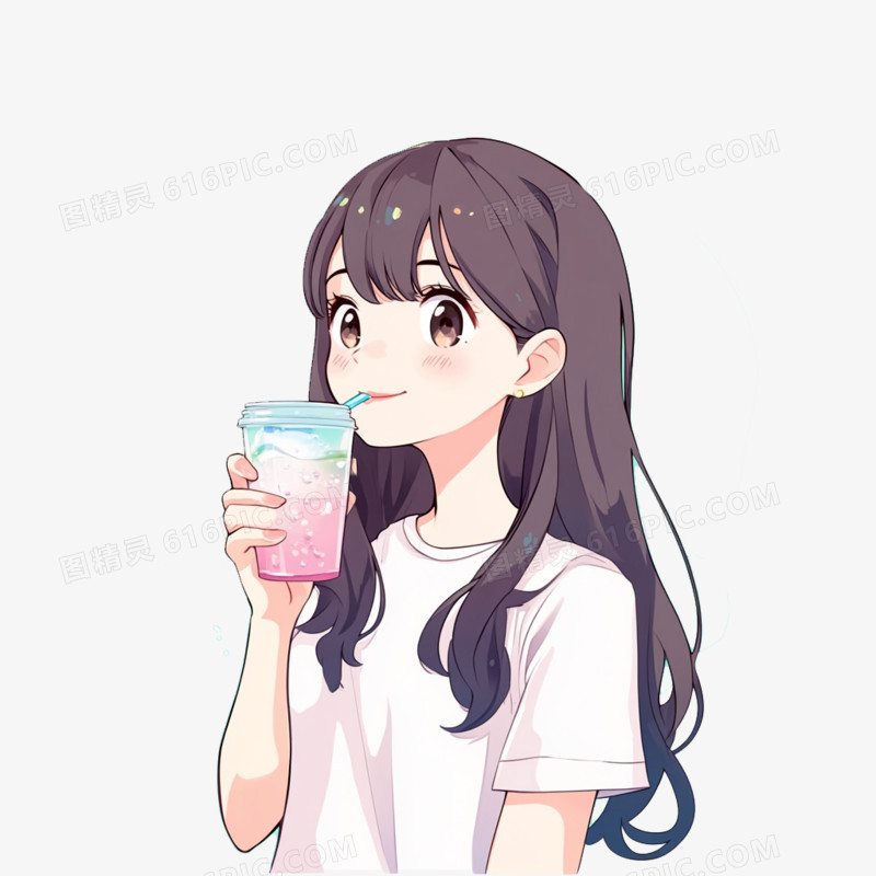 插画吸管饮料可爱人物喝饮料免抠元素