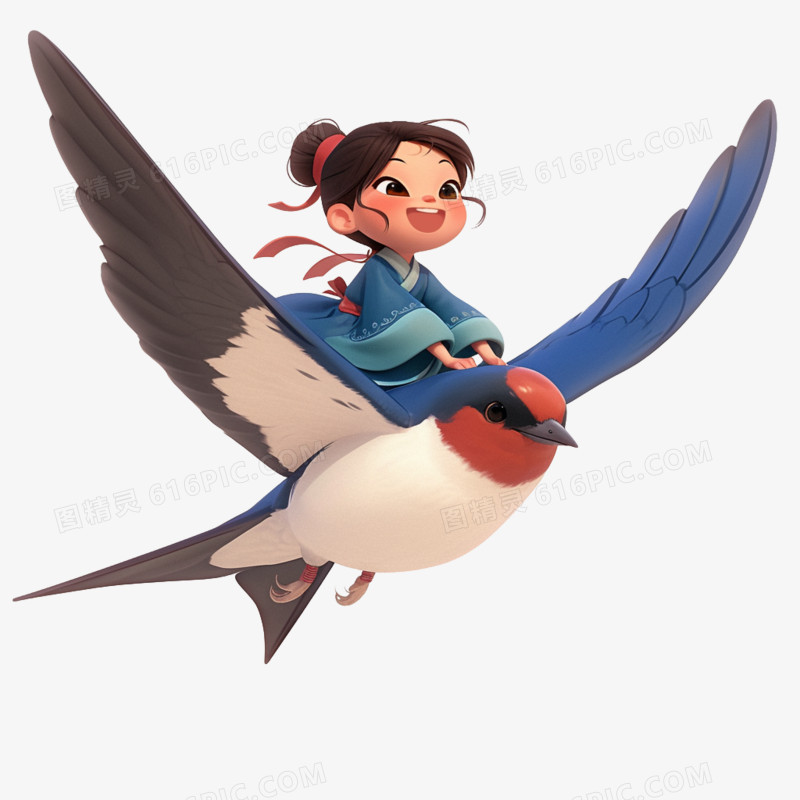 3D卡通小女孩骑在燕子上飞行免抠元素