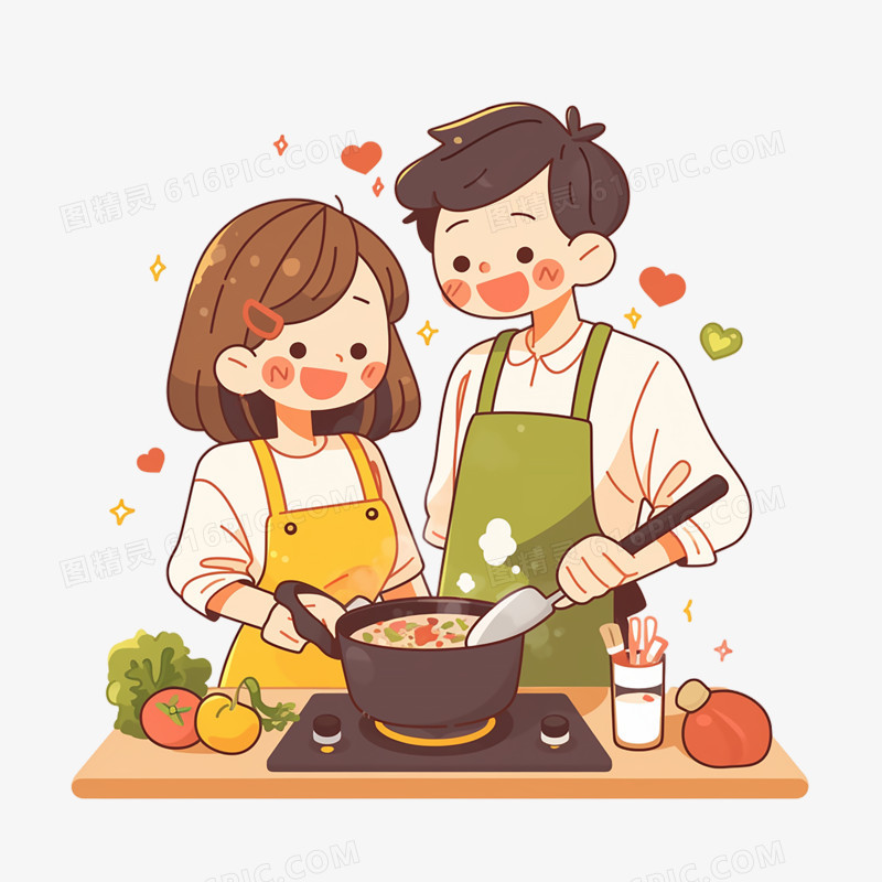 情侣一起下厨做饭插画烹饪料理免抠元素