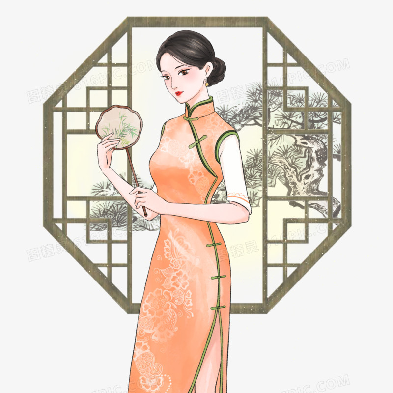 手绘新中式国风旗袍美女复古免抠插画元素