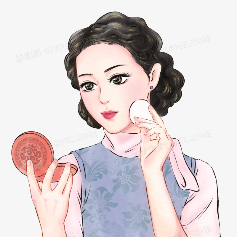 手绘新中式国风旗袍美女化妆复古免抠插画元素