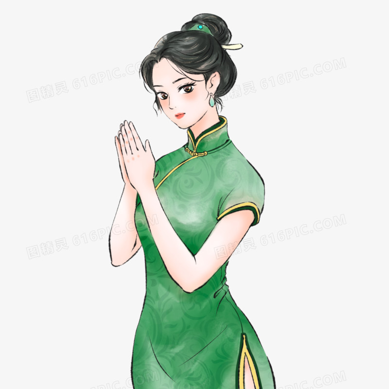 手绘新中式国风旗袍美女半身复古免抠插画元素