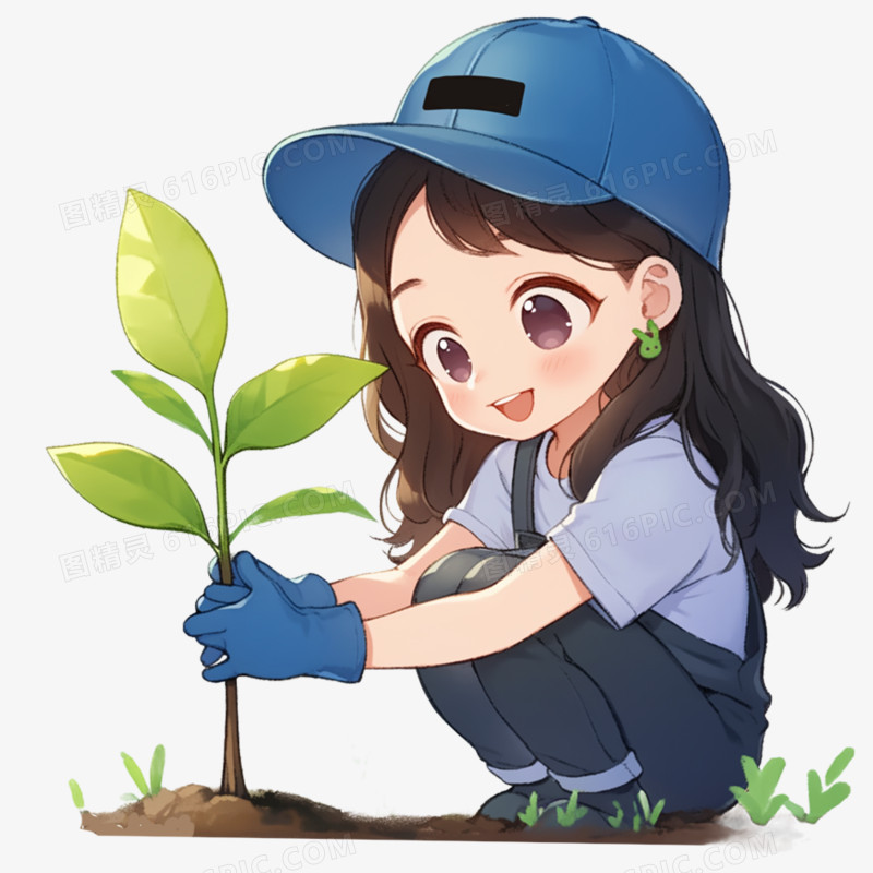 手绘插画植树节女孩种树