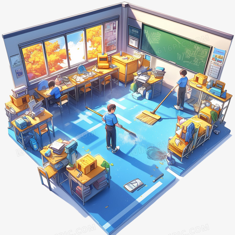 3D卡通学生在打扫教室免抠元素