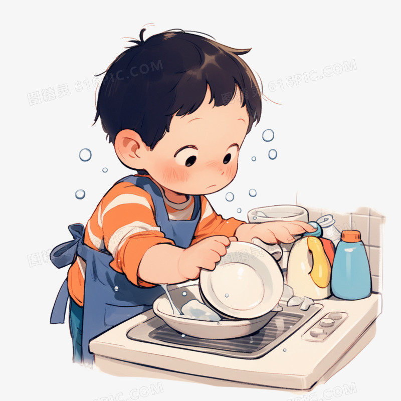 卡通小男孩在刷碗免抠元素