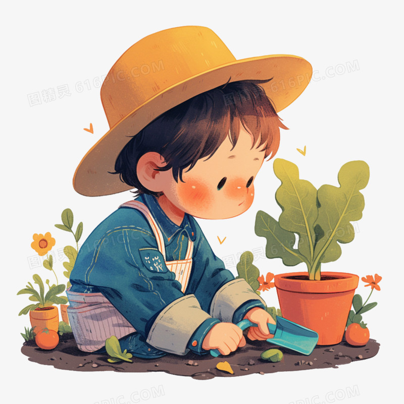 小男孩挖菜的免抠元素
