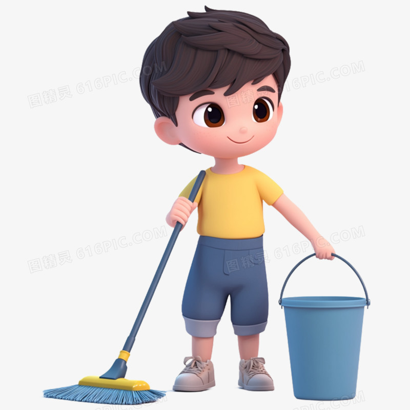 3D立体男孩打扫卫生拖地场景元素