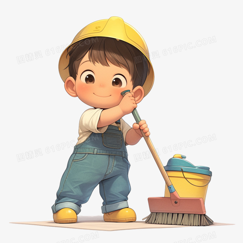 小男孩扫地的免抠元素