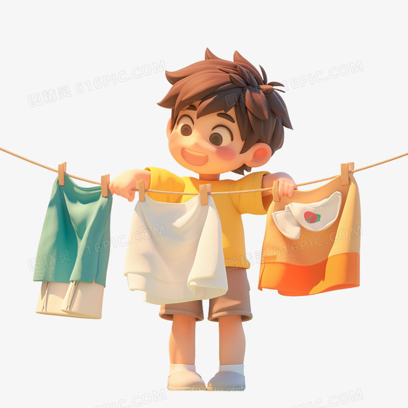3D卡通小男孩在晾衣服免抠元素