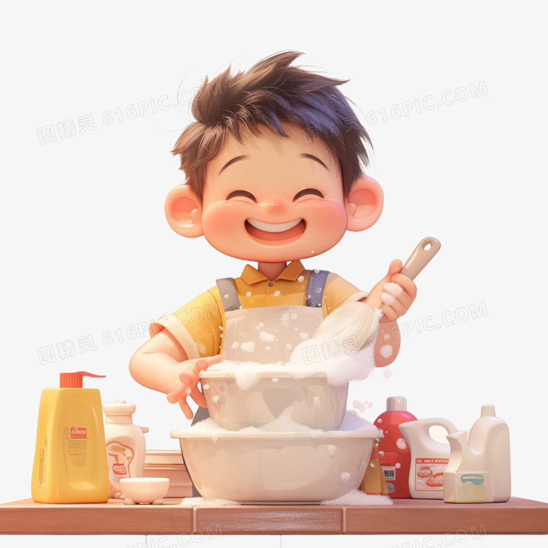 3D卡通小男孩在刷碗免抠元素