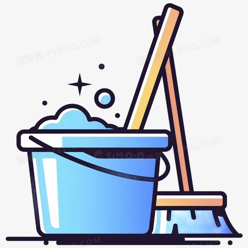 手绘插画打扫工具水桶拖把元素