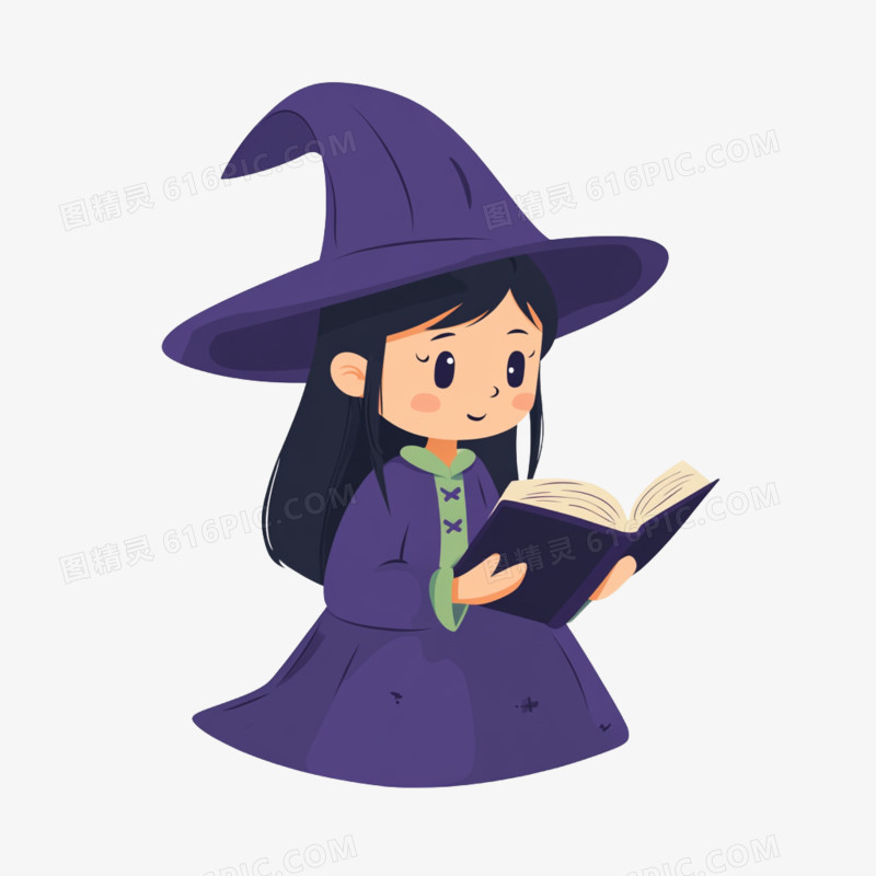 平面插画看书的魔女免抠元素