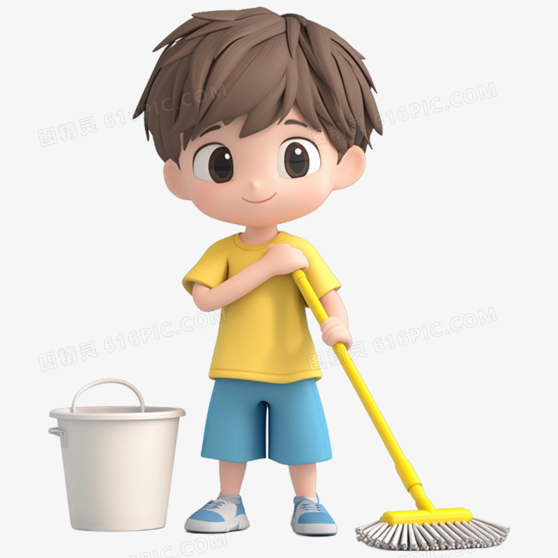 3D立体男孩打扫卫生拖地