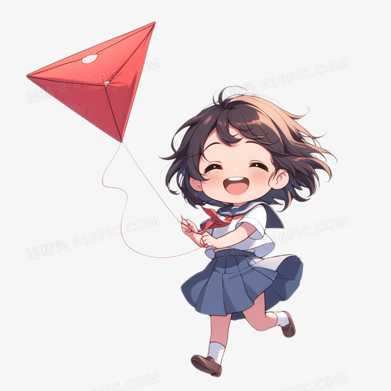 卡通穿校服的女孩放红色风筝免抠元素