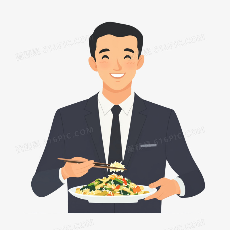 插画穿西服的男人在吃炒饭免抠元素