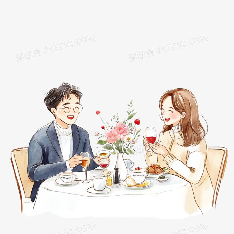 插画风格吃饭情侣约会吃饭下午茶免抠元素