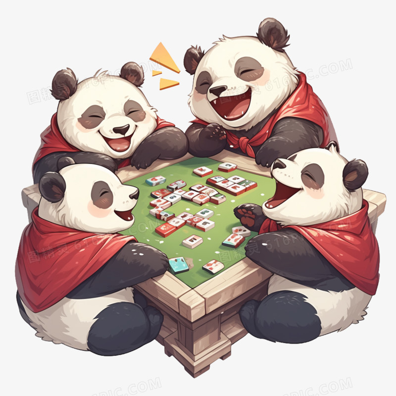 卡通四个大熊猫打麻将免抠元素