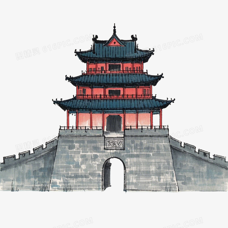 水墨画风格中式古典建筑城楼免抠元素