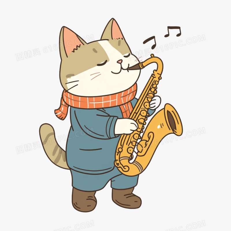 卡通拟人风格猫咪吹沙克斯免抠元素