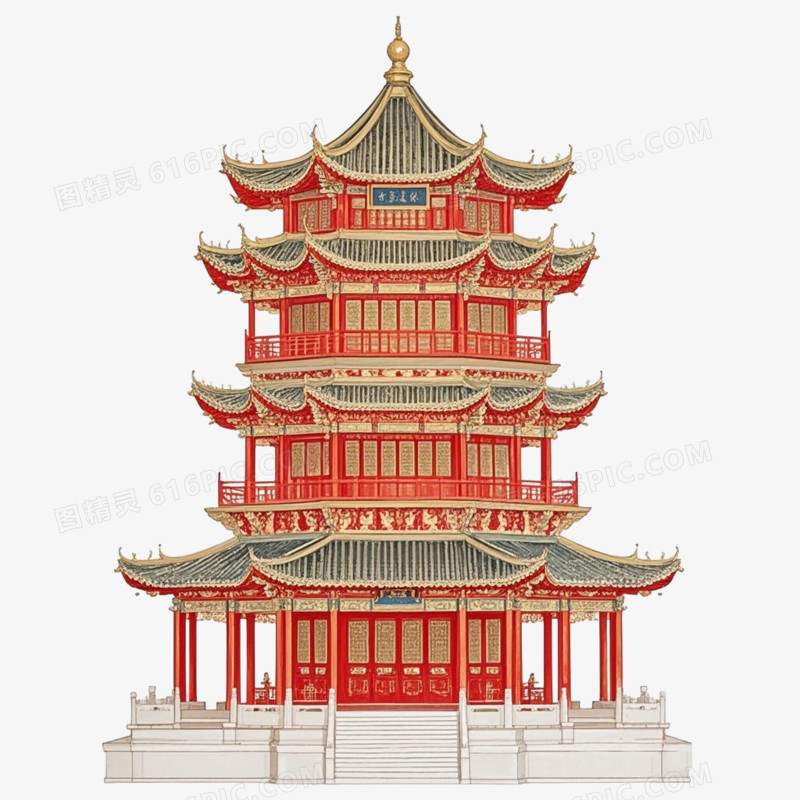 红金色传统亭台楼阁古建筑免抠元素