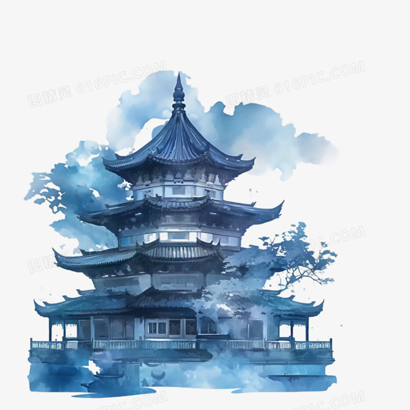 水墨风格古建筑免抠元素