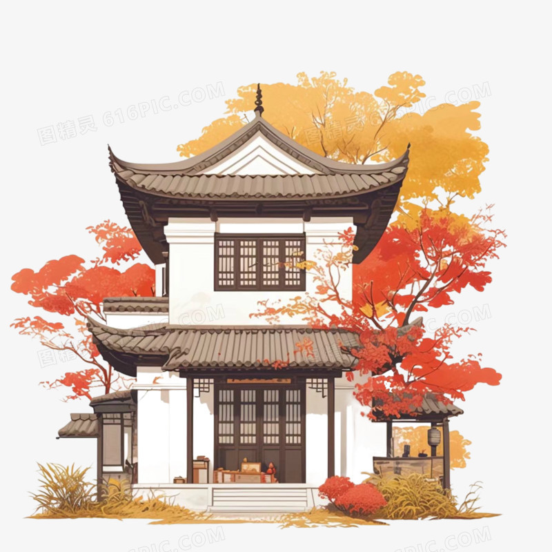 手绘中国古建筑免抠元素