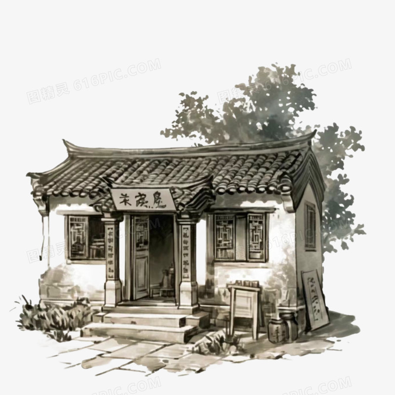 水墨风格古建筑免抠元素