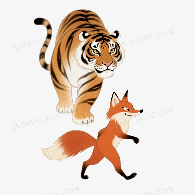 插画风狐假虎威故事免抠元素
