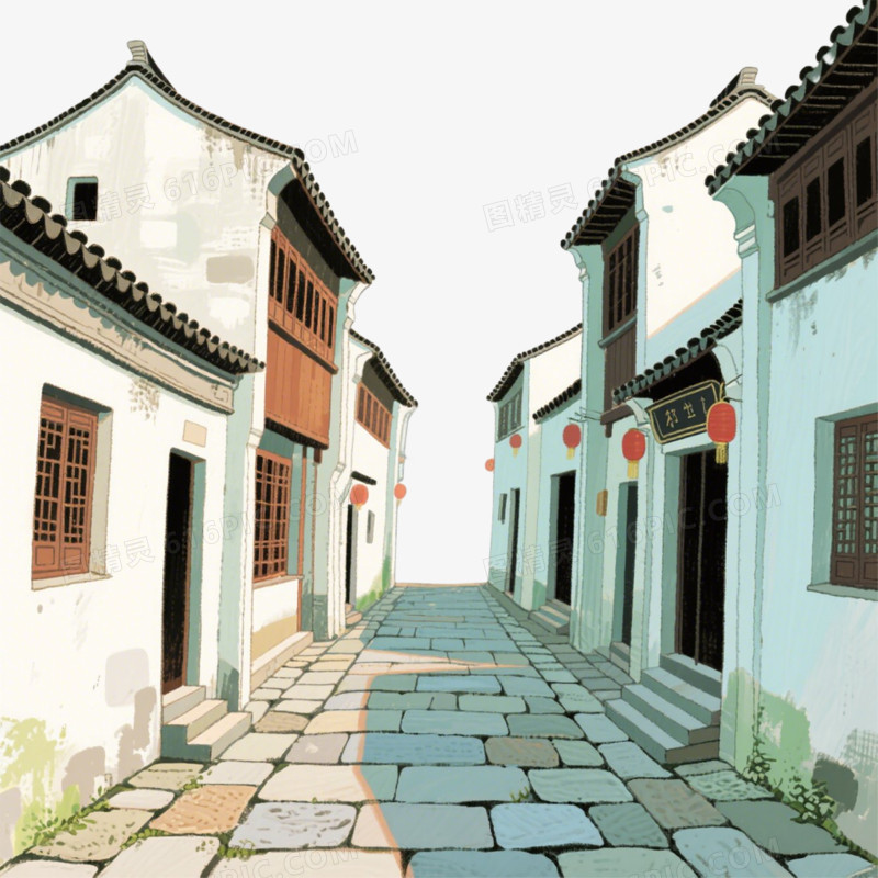 插画风古风巷子免抠元素