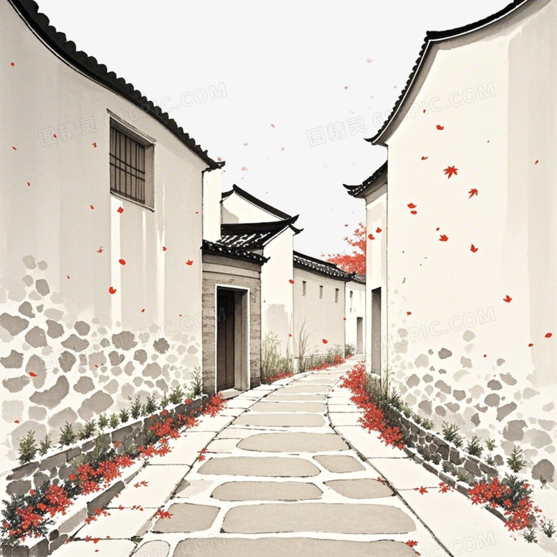 水墨手绘巷子小巷免抠元素