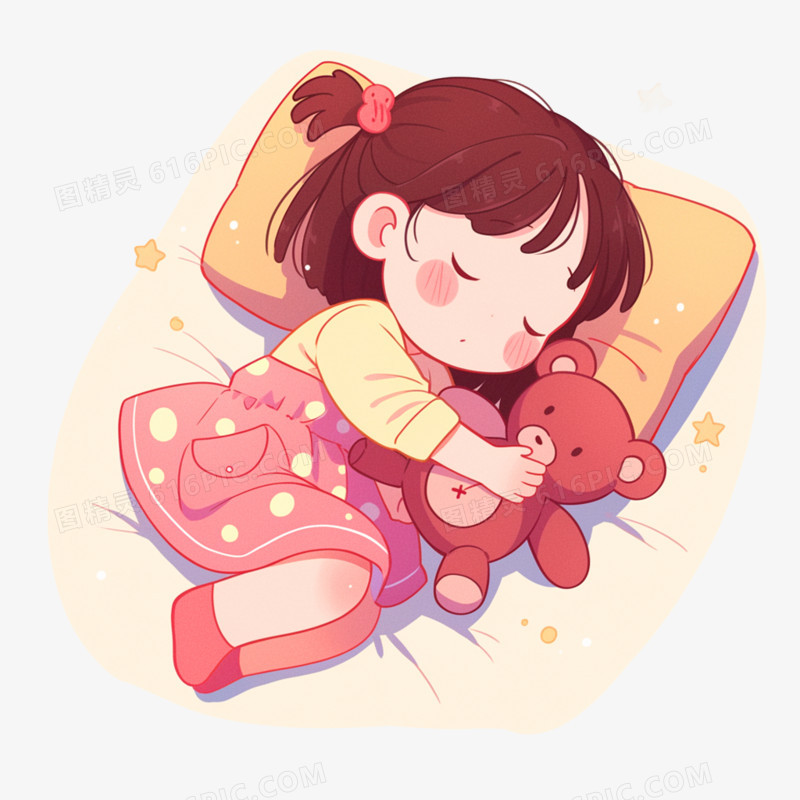 卡通插画风小女孩躺着睡觉免抠元素