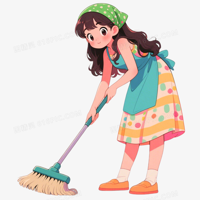 插画风一个人打扫卫生免抠元素