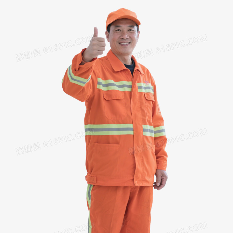 环卫工人竖起大拇指点赞摄影图免抠元素