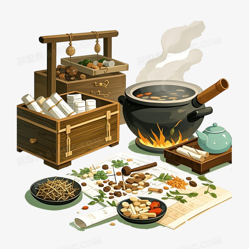 古风插画中医药材用具免抠元素