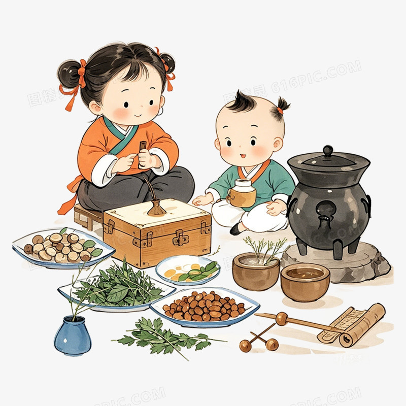 古风插画小药童为病人抓药熬药免抠元素
