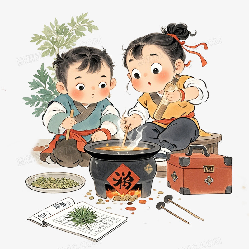 卡通手绘药童熬药免抠元素