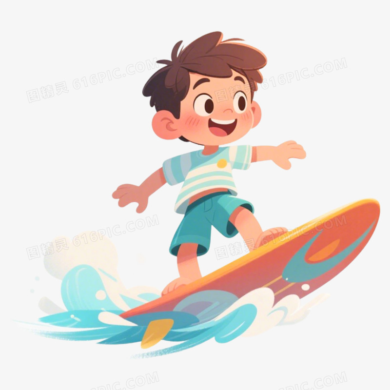 手绘插画小孩子冲浪免抠元素