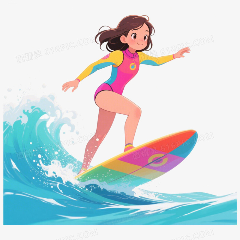 手绘插画人物冲浪免抠元素
