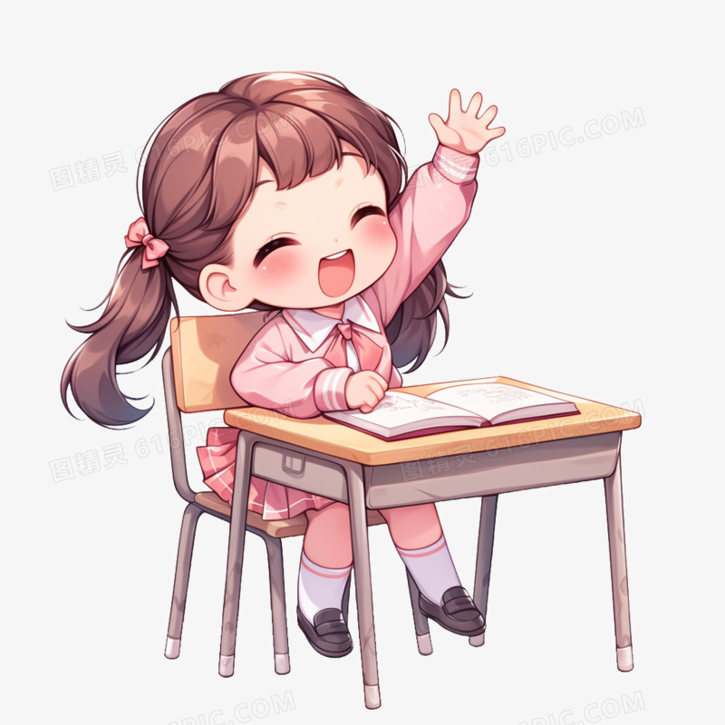 卡通一个穿粉色校服的小女孩举手免抠元素