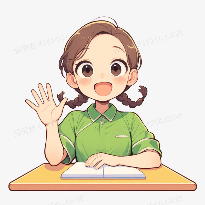 卡通一个穿绿色衬衫的女孩举手免抠元素