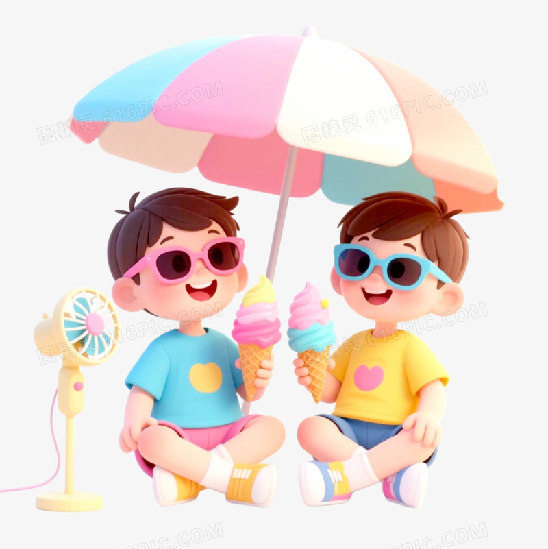 3D风夏天高温消暑小孩吃雪糕画面免抠元素