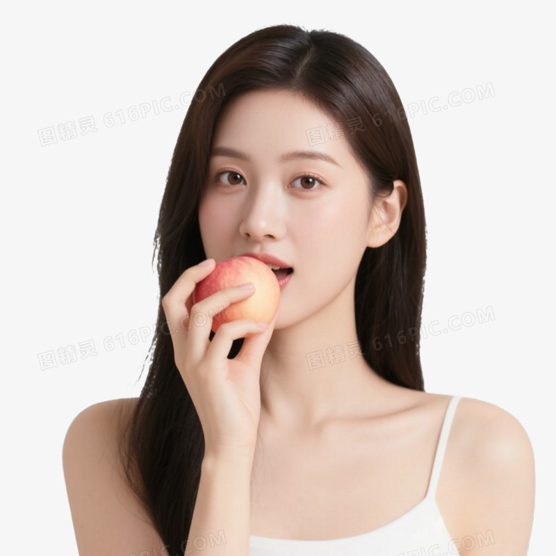 真人实物美女女人吃水果免抠元素