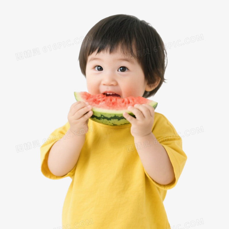 真人实物儿童吃水果免抠元素