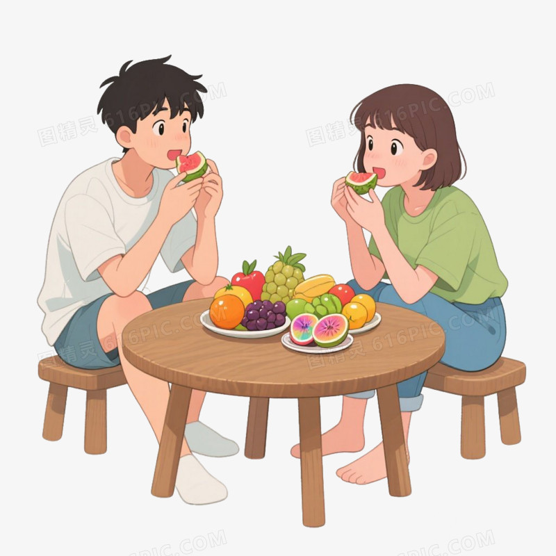 卡通动漫插画风年轻人吃水果免抠元素