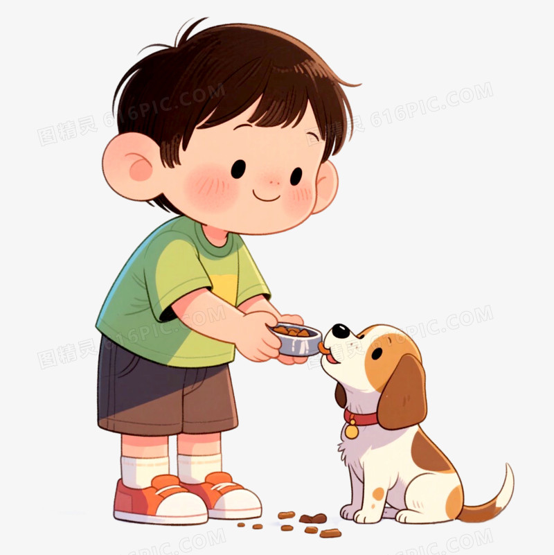 插画风给小狗喂食免抠元素