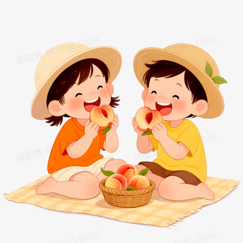 插画风吃水果吃水蜜桃免抠元素